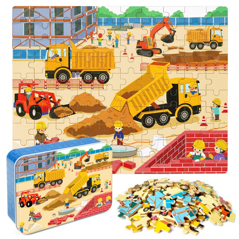 LELEMON 100 Pieces Jigsaw Puzzles in a Metal Box for Kids Age for 4-8 Boys Girls Toy Puzzles Construction Site Vehicles Children Learning Educational Puzzles Toys - Image 1