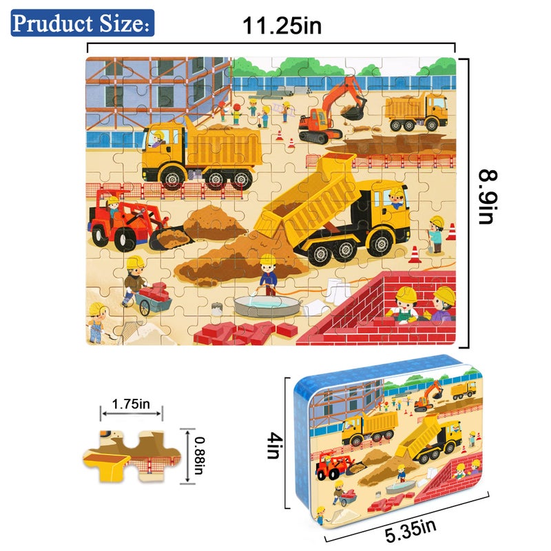 LELEMON 100 Pieces Jigsaw Puzzles in a Metal Box for Kids Age for 4-8 Boys Girls Toy Puzzles Construction Site Vehicles Children Learning Educational Puzzles Toys - Image 3