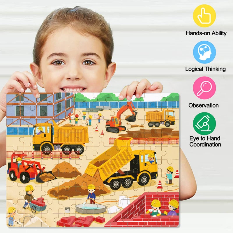 LELEMON 100 Pieces Jigsaw Puzzles in a Metal Box for Kids Age for 4-8 Boys Girls Toy Puzzles Construction Site Vehicles Children Learning Educational Puzzles Toys - Image 5
