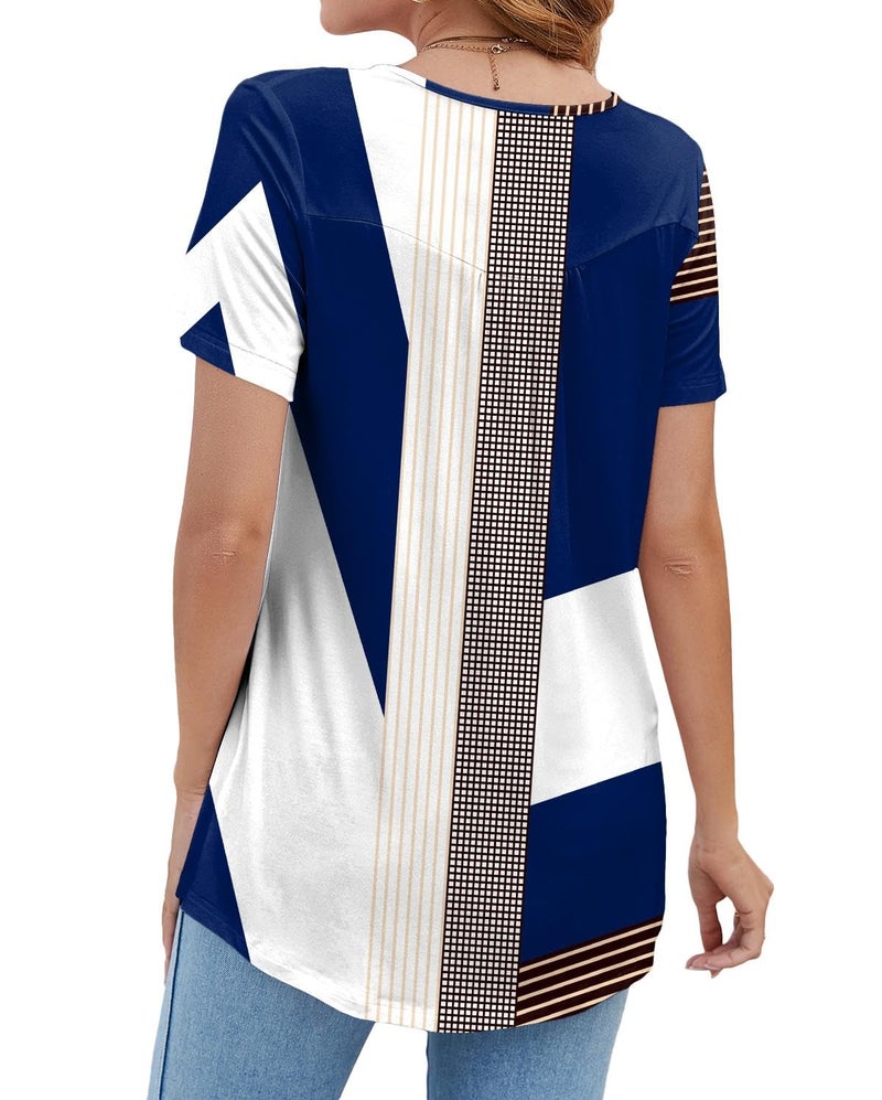 BeadChica Women's Tunic Tops For Leggings Short Sleeve Shirts Botton Up Casual Ruched Blouses Clothing Floral-M White Blue - Image 4