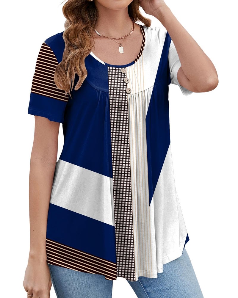 BeadChica Women's Tunic Tops For Leggings Short Sleeve Shirts Botton Up Casual Ruched Blouses Clothing Floral-M White Blue - Image 3