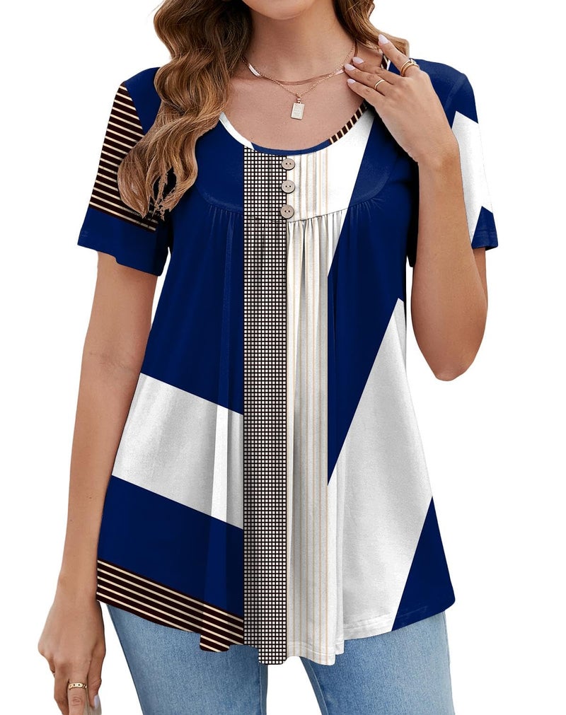 BeadChica Women's Tunic Tops For Leggings Short Sleeve Shirts Botton Up Casual Ruched Blouses Clothing Floral-M White Blue - Image 2