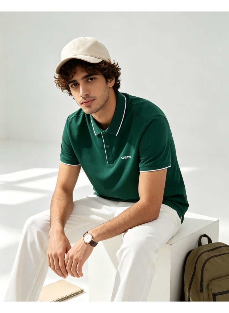 GEOX Men Contrast Trim Short Sleeve Polo Shirt Casual Daily Summer Top Dark Green - Image 2