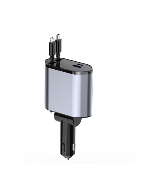 New four in one extendable car charger with USB, Type-C, and Lightning digital display. Car charger adapter supports PD fast charging/QC3.0/FCP - compatible with iPhone, Huawei, Honor, Galaxy, Pixel