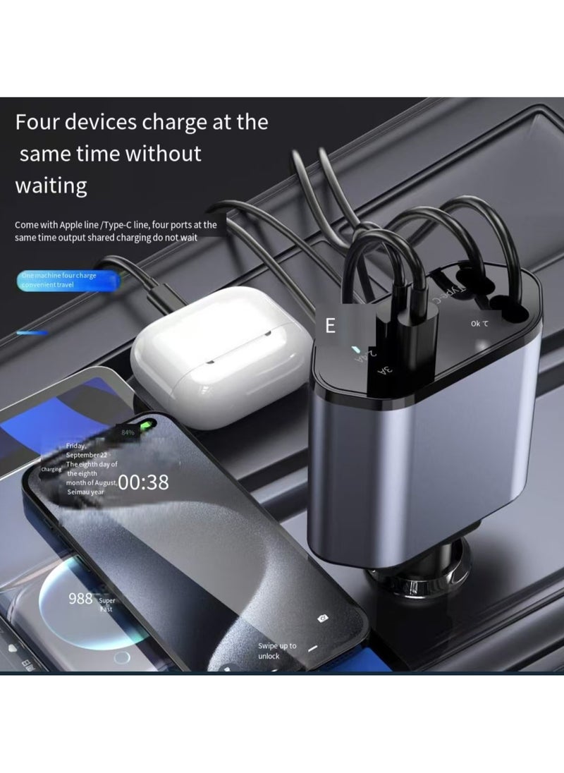 Neutral - New four in one extendable car charger with USB, Type-C, and Lightning digital display. Car charger adapter supports PD fast charging/QC3.0/FCP - compatible with iPhone, Huawei, Honor, Galaxy, Pixel - Image 1