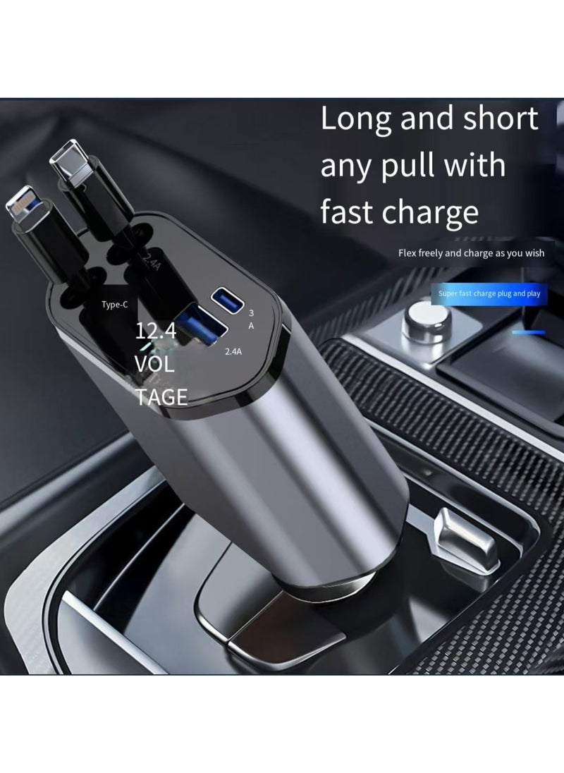 Neutral - New four in one extendable car charger with USB, Type-C, and Lightning digital display. Car charger adapter supports PD fast charging/QC3.0/FCP - compatible with iPhone, Huawei, Honor, Galaxy, Pixel - Image 1