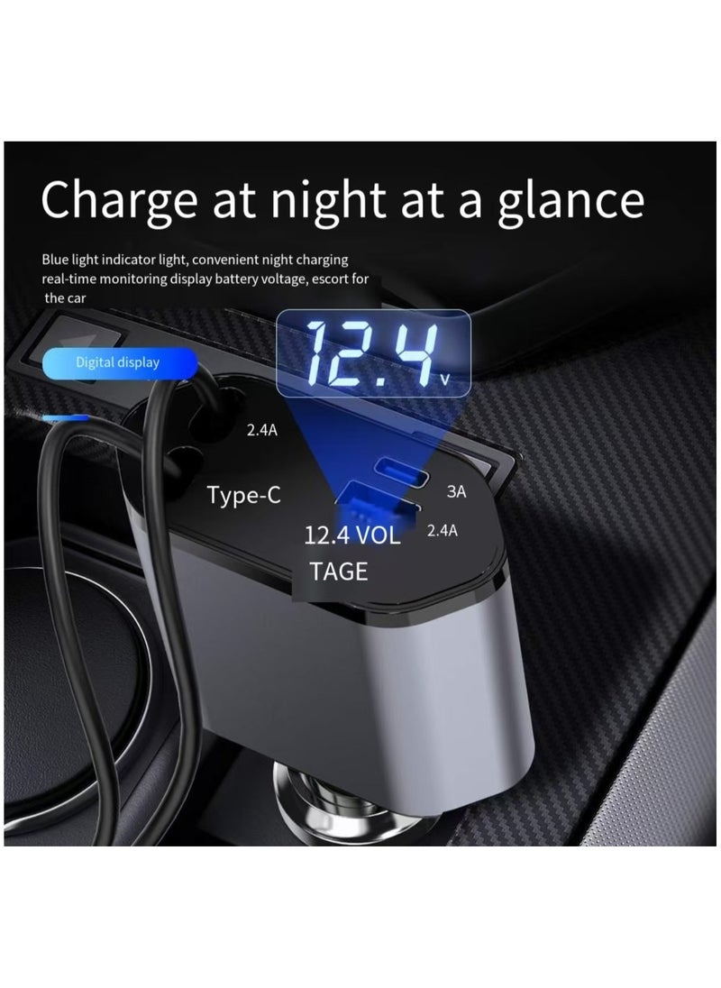 Neutral - New four in one extendable car charger with USB, Type-C, and Lightning digital display. Car charger adapter supports PD fast charging/QC3.0/FCP - compatible with iPhone, Huawei, Honor, Galaxy, Pixel - Image 1