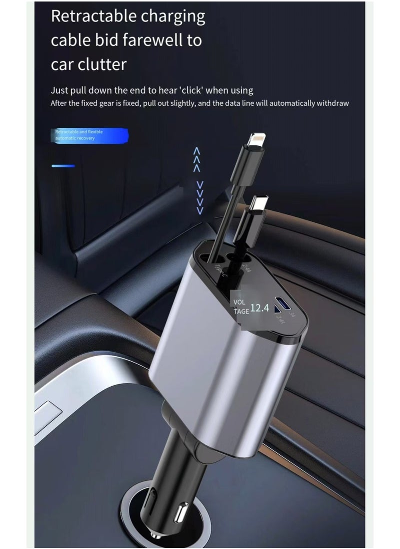 Neutral - New four in one extendable car charger with USB, Type-C, and Lightning digital display. Car charger adapter supports PD fast charging/QC3.0/FCP - compatible with iPhone, Huawei, Honor, Galaxy, Pixel - Image 1