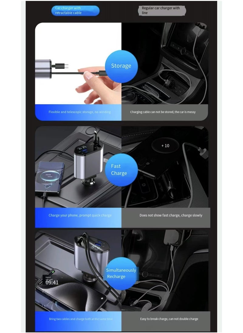 Neutral - New four in one extendable car charger with USB, Type-C, and Lightning digital display. Car charger adapter supports PD fast charging/QC3.0/FCP - compatible with iPhone, Huawei, Honor, Galaxy, Pixel - Image 1