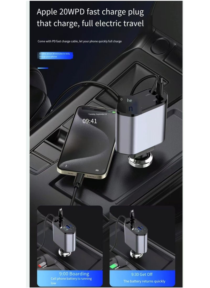 Neutral - New four in one extendable car charger with USB, Type-C, and Lightning digital display. Car charger adapter supports PD fast charging/QC3.0/FCP - compatible with iPhone, Huawei, Honor, Galaxy, Pixel - Image 1