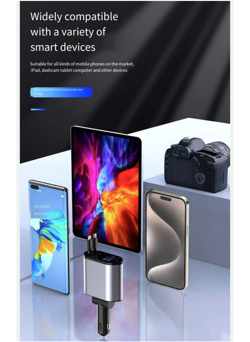 Neutral - New four in one extendable car charger with USB, Type-C, and Lightning digital display. Car charger adapter supports PD fast charging/QC3.0/FCP - compatible with iPhone, Huawei, Honor, Galaxy, Pixel - Image 1