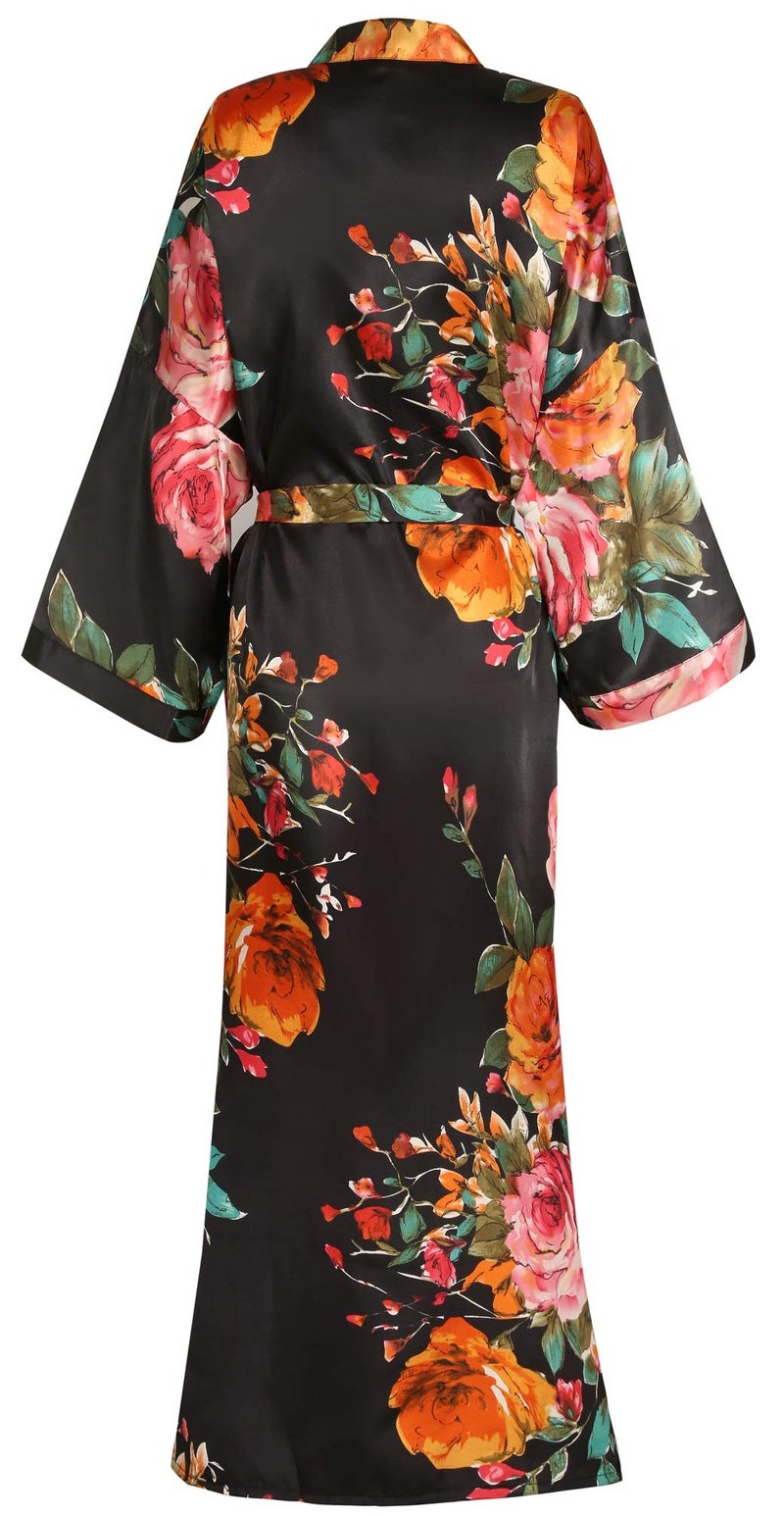 goodmansam Women's Long Floral Satin Kimono Robes Bridal Dressing Gown Wedding Bridesmaid Nightgown Black - Image 2