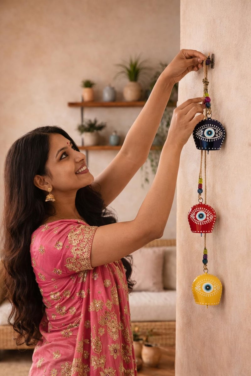 WARMINGO DE Iron Evil Eye Bell Wall Hanging Hand Painted,3 Feng Shui Vastu Bell for Main Door Entrance,Turkish Evil Eye Hanging for Good Luck & Prosperity,Home Gifting Wall Hanging Decor (Multicolor) - Image 3
