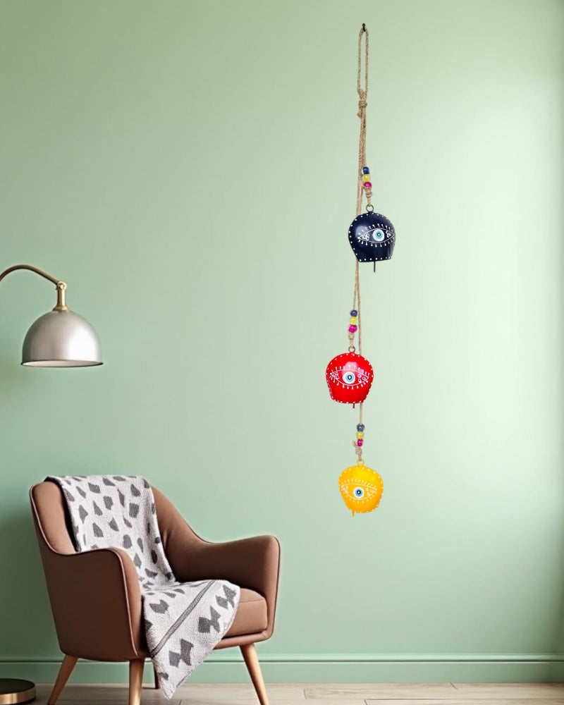 WARMINGO DE Iron Evil Eye Bell Wall Hanging Hand Painted,3 Feng Shui Vastu Bell for Main Door Entrance,Turkish Evil Eye Hanging for Good Luck & Prosperity,Home Gifting Wall Hanging Decor (Multicolor) - Image 5