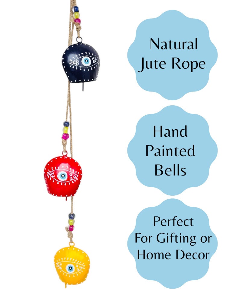 WARMINGO DE Iron Evil Eye Bell Wall Hanging Hand Painted,3 Feng Shui Vastu Bell for Main Door Entrance,Turkish Evil Eye Hanging for Good Luck & Prosperity,Home Gifting Wall Hanging Decor (Multicolor) - Image 4