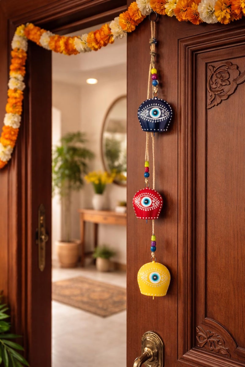 WARMINGO DE Iron Evil Eye Bell Wall Hanging Hand Painted,3 Feng Shui Vastu Bell for Main Door Entrance,Turkish Evil Eye Hanging for Good Luck & Prosperity,Home Gifting Wall Hanging Decor (Multicolor) - Image 2