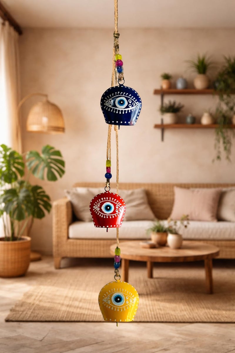 WARMINGO DE Iron Evil Eye Bell Wall Hanging Hand Painted,3 Feng Shui Vastu Bell for Main Door Entrance,Turkish Evil Eye Hanging for Good Luck & Prosperity,Home Gifting Wall Hanging Decor (Multicolor) - Image 1