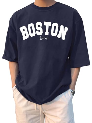 LEOTUDE Men's Fashionable Oversized Half Sleeve Round Neck Graphic Print Cottonblend Casual Tshirts for Man (FS49_Navy_BOSTN_U1_P_Multicolour5_S) - Image 4