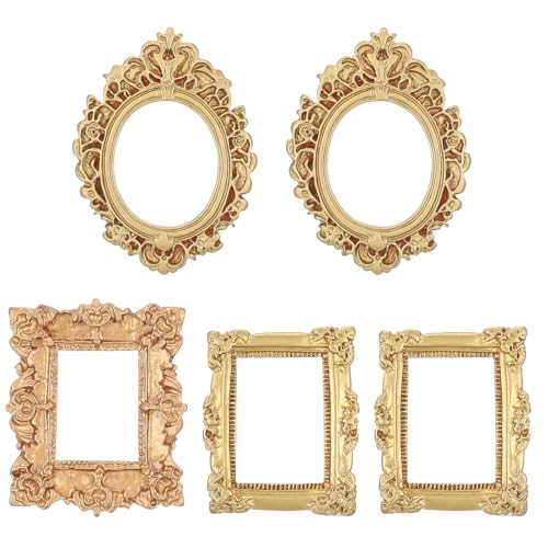 Heclia إطارات صور مصغرة هيكليا 5 قطع بتصميم عتيق لإطارات صور منزل الدمى مع حواف ذهبية منقوشة للتعليق على الحائط أو عرض المكتب أو عرض المجوهرات وديكورات مصغرة لنموذج منزل الدمى أو القطار أو الحديقة - Image 1