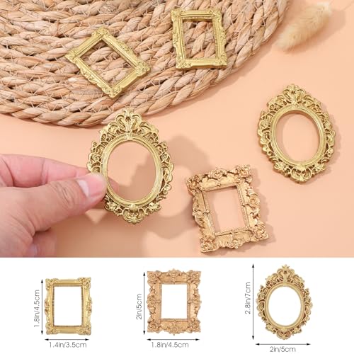 Heclia إطارات صور مصغرة هيكليا 5 قطع بتصميم عتيق لإطارات صور منزل الدمى مع حواف ذهبية منقوشة للتعليق على الحائط أو عرض المكتب أو عرض المجوهرات وديكورات مصغرة لنموذج منزل الدمى أو القطار أو الحديقة - Image 5