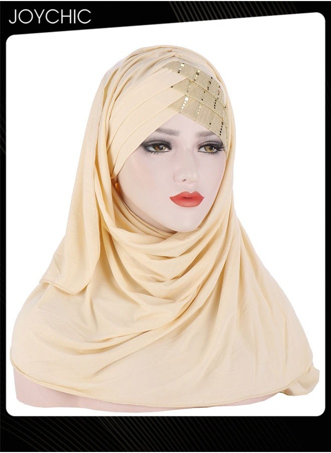 Joychic - Muslim Hijab Instant Hijab for Women Glitter Sequin Forehead Cross Turban Islamic Head Scarves Shawl Wrap Long Fashion Chiffon Scarf Premium Head Cover for Women and Girls Beige - Image 1
