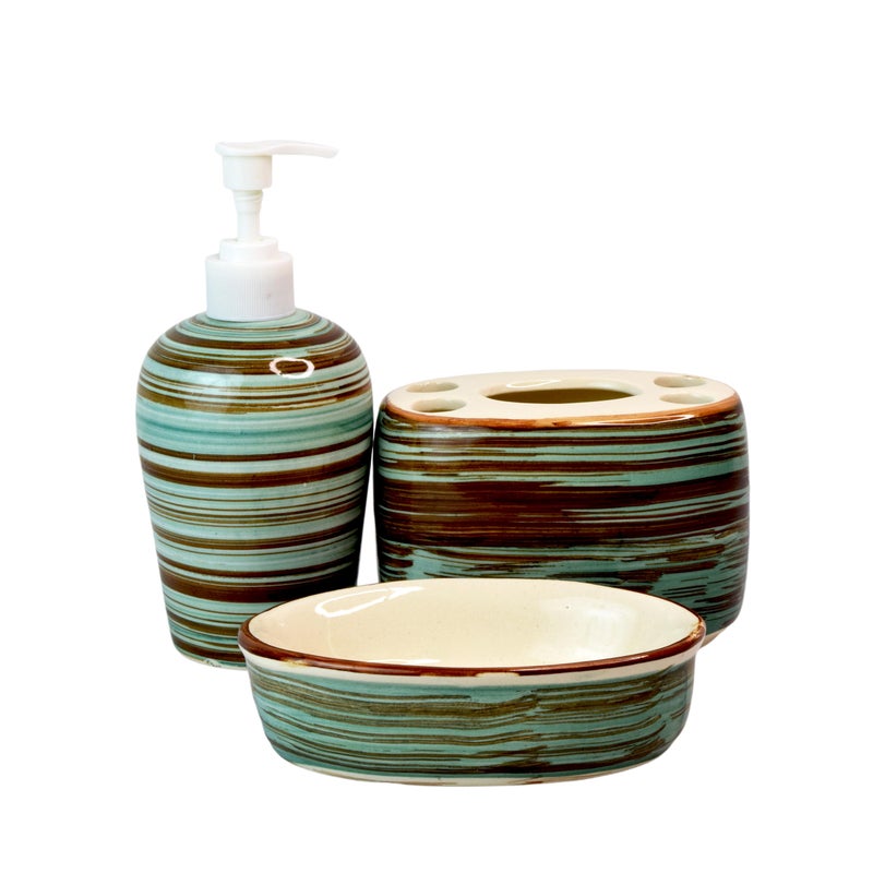 Kaolinite Ceramic Bathroom Accessories Set for Utility and Bathroom Decor | Liquid Soap Dispenser, soap Tray, Toothbrush Holder (Elegant Bathroom Set) (Green and Brown) - Image 4