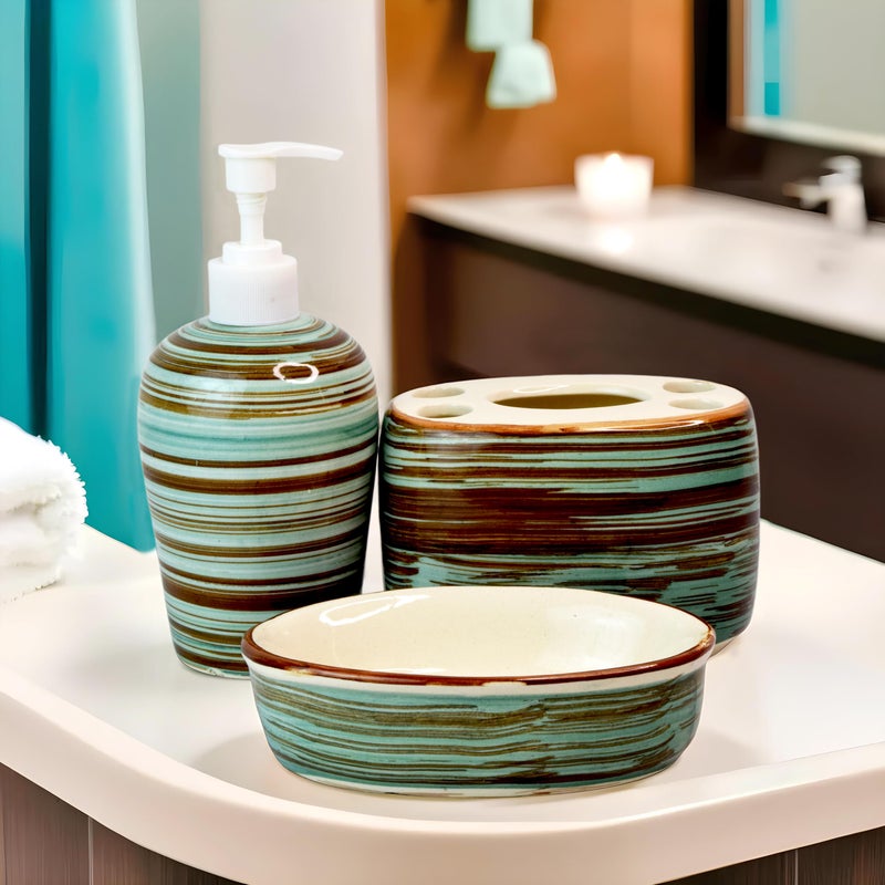 Kaolinite Ceramic Bathroom Accessories Set for Utility and Bathroom Decor | Liquid Soap Dispenser, soap Tray, Toothbrush Holder (Elegant Bathroom Set) (Green and Brown) - Image 2