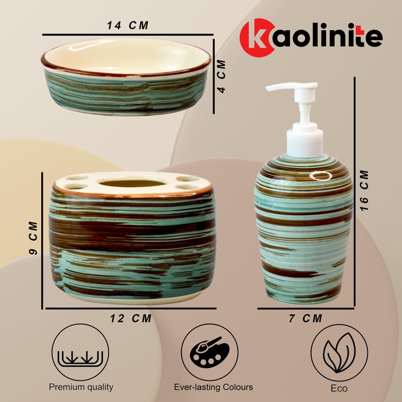 Kaolinite Ceramic Bathroom Accessories Set for Utility and Bathroom Decor | Liquid Soap Dispenser, soap Tray, Toothbrush Holder (Elegant Bathroom Set) (Green and Brown) - Image 3