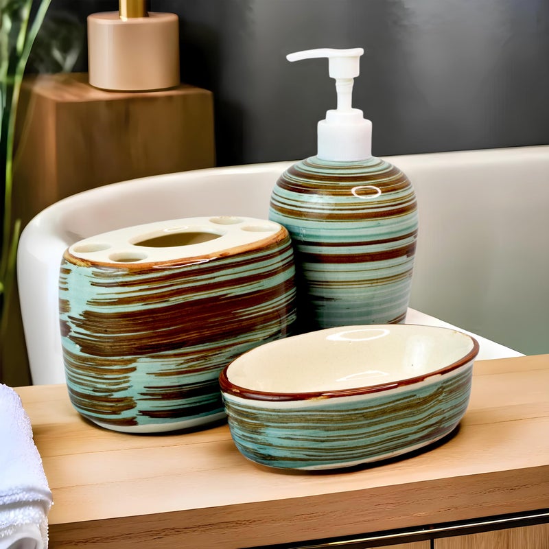 Kaolinite Ceramic Bathroom Accessories Set for Utility and Bathroom Decor | Liquid Soap Dispenser, soap Tray, Toothbrush Holder (Elegant Bathroom Set) (Green and Brown) - Image 1