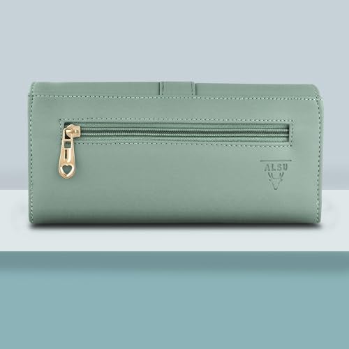 ALSU Women's Hand Wallet Purse Clutch | Phone Pocket| Coin Pocket| Credit Card Slots| Zipper Pocket| Office use| Casual use| Faux Leather (Light Green) - Image 3