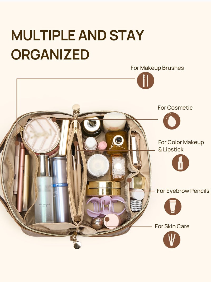 Telena Makeup Bag Large Capacity Travel Cosmetic Bag Portable Pu Leather Water Resistant Makeup Organizer Bags For Women With Handle And Divider Open Flat Brown - Image 2