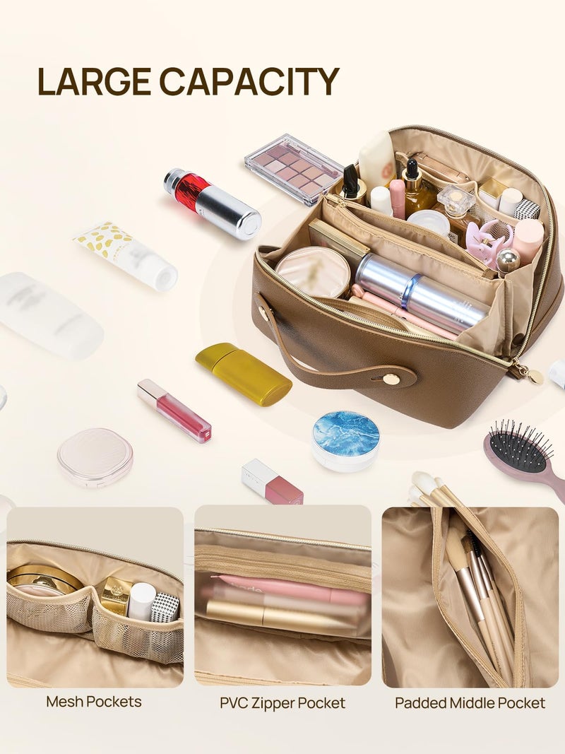 Telena Makeup Bag Large Capacity Travel Cosmetic Bag Portable Pu Leather Water Resistant Makeup Organizer Bags For Women With Handle And Divider Open Flat Brown - Image 4