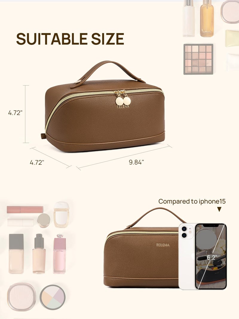 Telena Makeup Bag Large Capacity Travel Cosmetic Bag Portable Pu Leather Water Resistant Makeup Organizer Bags For Women With Handle And Divider Open Flat Brown - Image 5