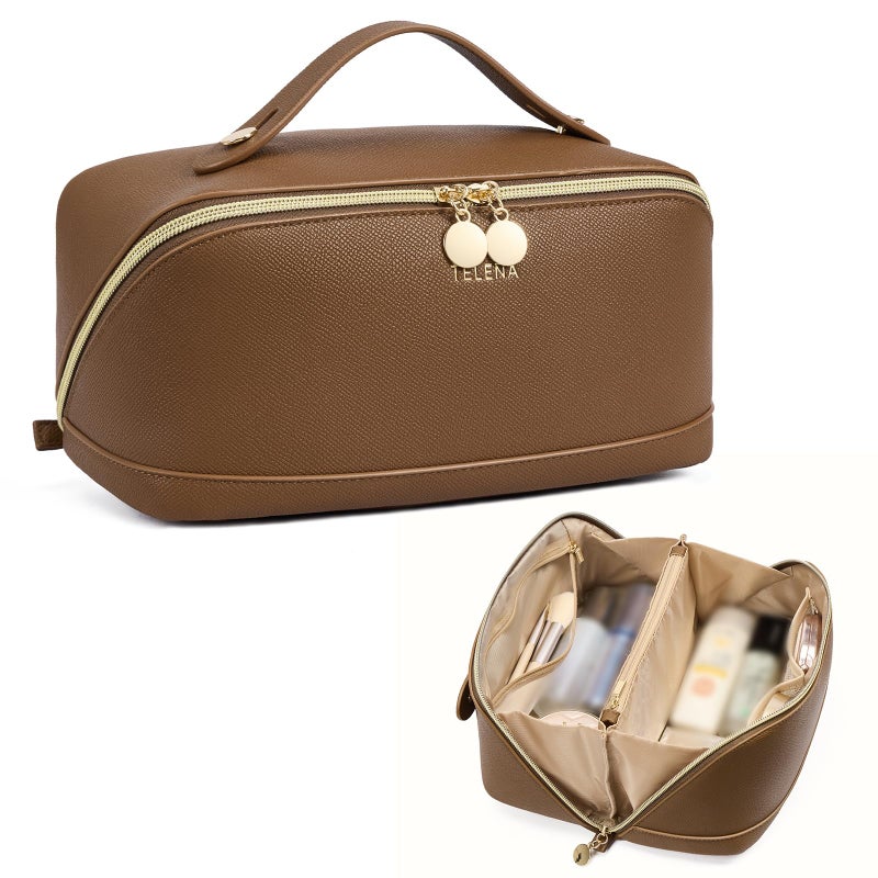 Telena Makeup Bag Large Capacity Travel Cosmetic Bag Portable Pu Leather Water Resistant Makeup Organizer Bags For Women With Handle And Divider Open Flat Brown - Image 1