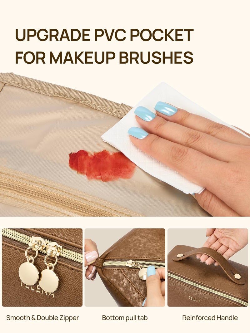 Telena Makeup Bag Large Capacity Travel Cosmetic Bag Portable Pu Leather Water Resistant Makeup Organizer Bags For Women With Handle And Divider Open Flat Brown - Image 3