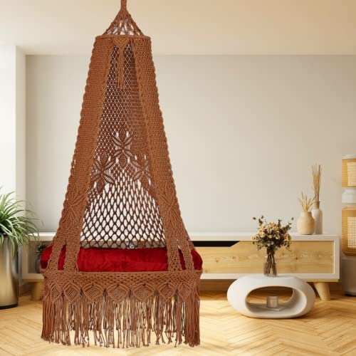 Patiofy Cotton Macrame Swing/Swing For Balcony/Swing For Adults/Swing Chair For Adults For Home/Hammock Swing/Hanging Swing/Jhula For Adults/Weight-Bearing Capacity 200Kg Swing With Red Cushion-Brown - Image 1