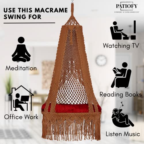 Patiofy Cotton Macrame Swing/Swing For Balcony/Swing For Adults/Swing Chair For Adults For Home/Hammock Swing/Hanging Swing/Jhula For Adults/Weight-Bearing Capacity 200Kg Swing With Red Cushion-Brown - Image 5