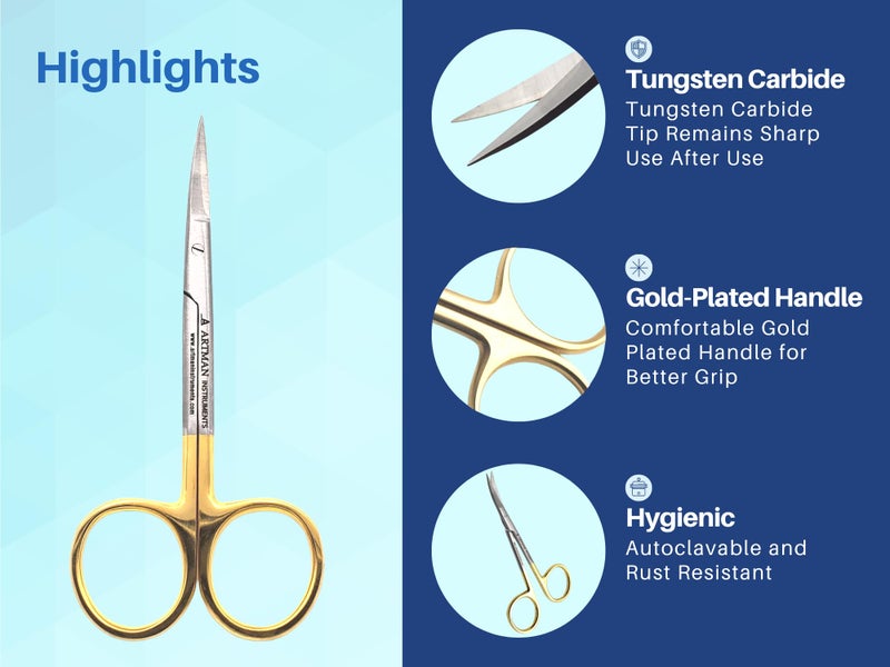ARTMAN INSTRUMENTS Scissors 4.5 inches Curved with Tungsten Carbide Inserts| Gold Plated Handle Extra Sharp and Durable - Image 4