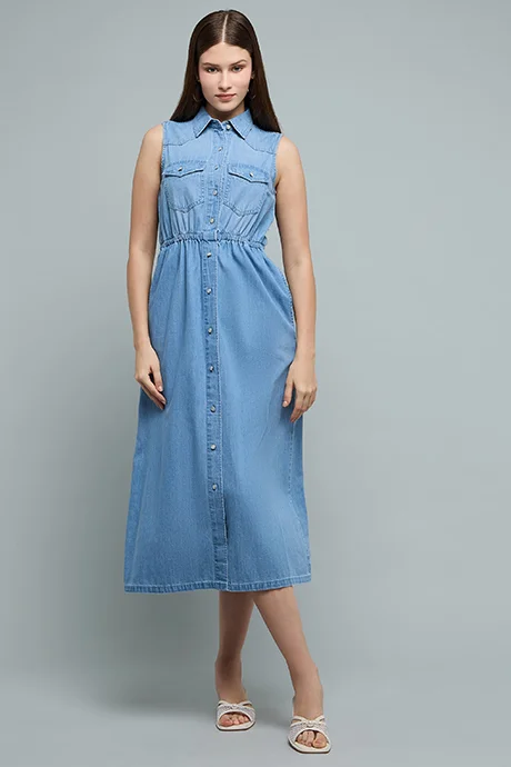 أر أند بي Washed Sleeveless Denim Shirt Dress with Classic Collar