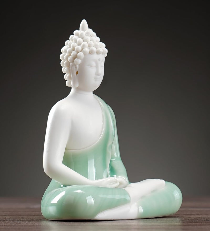 Houlu Small Green Buddha Statue for Home Decor, Decorative Ceramic Meditation Buddha Statue Indoor and Outdoor, 4.3 Inches - Image 2