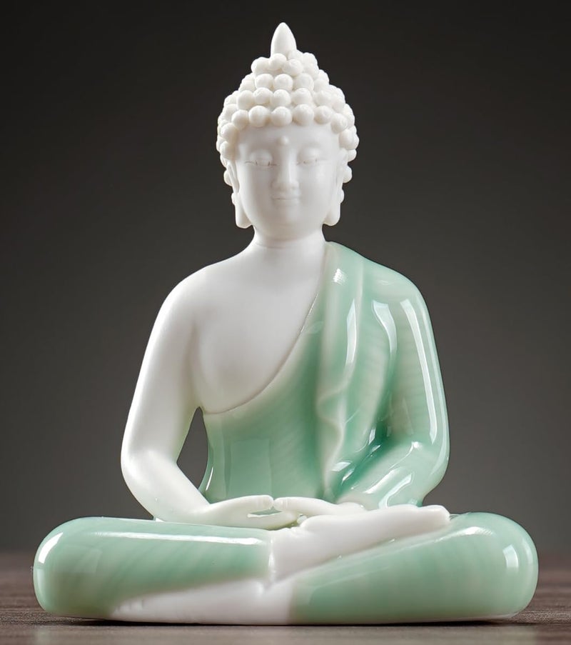 Houlu Small Green Buddha Statue for Home Decor, Decorative Ceramic Meditation Buddha Statue Indoor and Outdoor, 4.3 Inches - Image 1