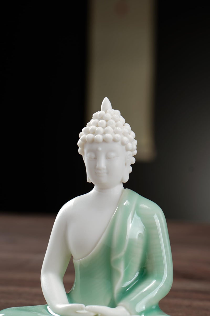 Houlu Small Green Buddha Statue for Home Decor, Decorative Ceramic Meditation Buddha Statue Indoor and Outdoor, 4.3 Inches - Image 5