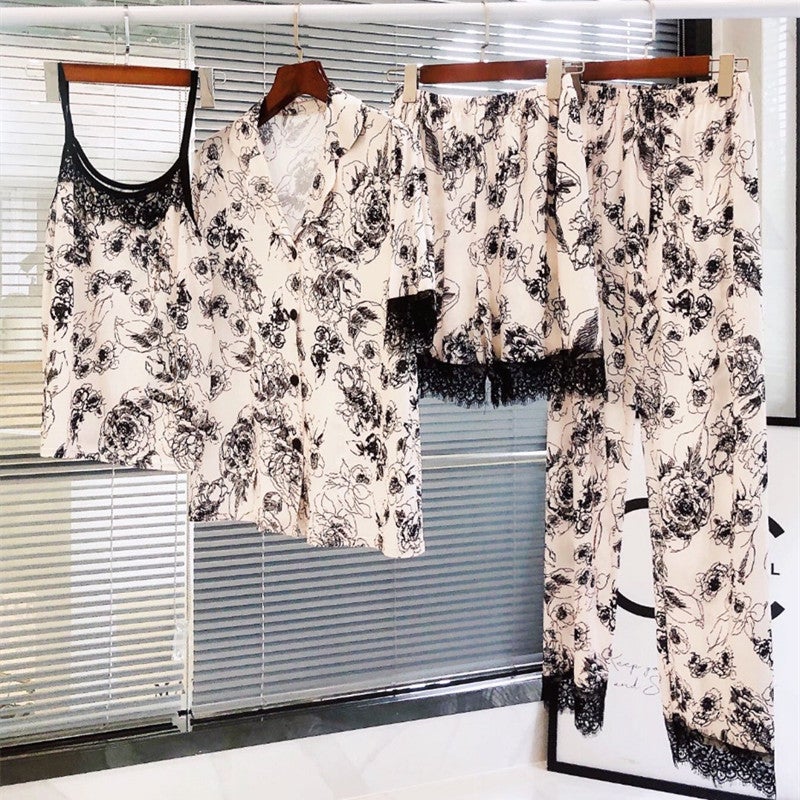 Summer Floral Ink Silk Pajama Set for Women four-piece set