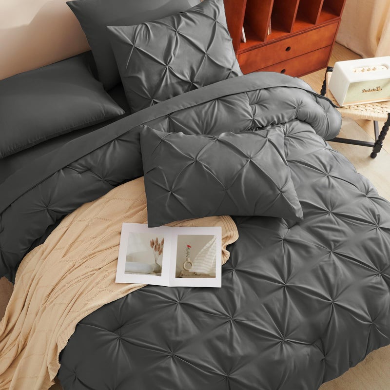 CozyLux California King Comforter Set Dark Grey - 7 Pieces Cal King Pintuck Bed in A Bag Gift for Family, Pinch Pleat Bedding Sets with All Season Comforter, Sheets, Pillowcases & Shams - Image 4