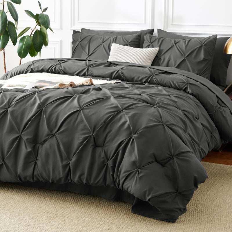 CozyLux California King Comforter Set Dark Grey - 7 Pieces Cal King Pintuck Bed in A Bag Gift for Family, Pinch Pleat Bedding Sets with All Season Comforter, Sheets, Pillowcases & Shams - Image 1