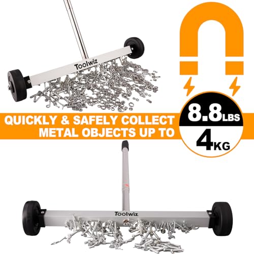 Toolwiz Magnetic Pick Up Sweeper 17-inch Heavy Duty Magnet Pickup Lawn Sweeper Roofing Tools, 8.8 Lbs Yard Tools with Telescoping Holder and Wheels to Clean Nails Adjustable Handle for Construction - Image 3