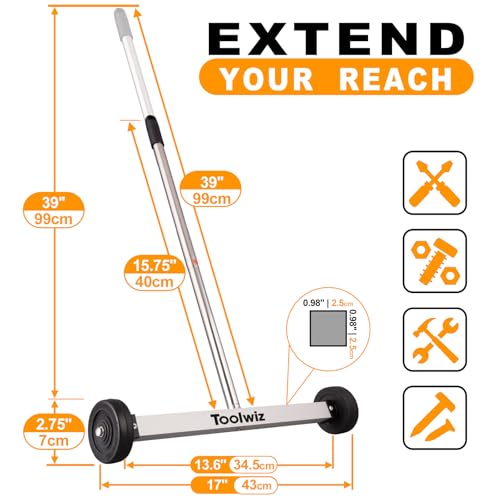 Toolwiz Magnetic Pick Up Sweeper 17-inch Heavy Duty Magnet Pickup Lawn Sweeper Roofing Tools, 8.8 Lbs Yard Tools with Telescoping Holder and Wheels to Clean Nails Adjustable Handle for Construction - Image 4