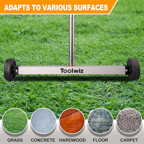 Toolwiz Magnetic Pick Up Sweeper 17-inch Heavy Duty Magnet Pickup Lawn Sweeper Roofing Tools, 8.8 Lbs Yard Tools with Telescoping Holder and Wheels to Clean Nails Adjustable Handle for Construction - Image 2