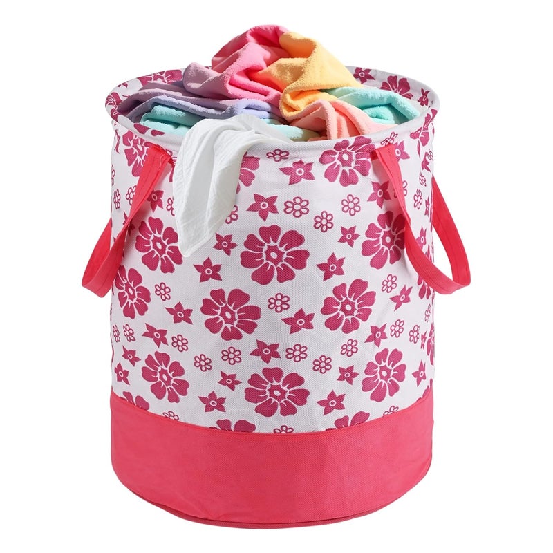 Kuber Industries 45L Foldable Dirty Clothes Laundry Basket With Handles For Washing Baby Unwashed Dress BinStorage Box Floral Print Pink White - Image 1