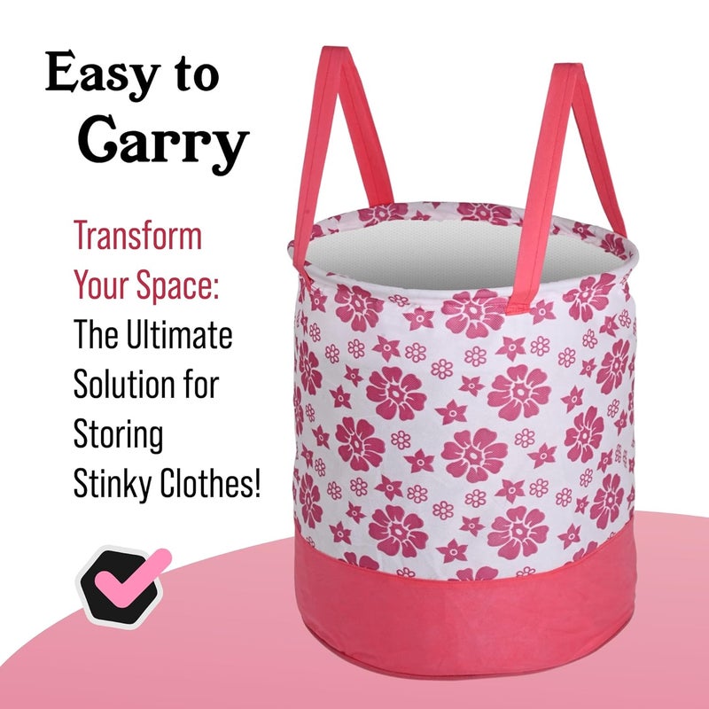Kuber Industries 45L Foldable Dirty Clothes Laundry Basket With Handles For Washing Baby Unwashed Dress BinStorage Box Floral Print Pink White - Image 5